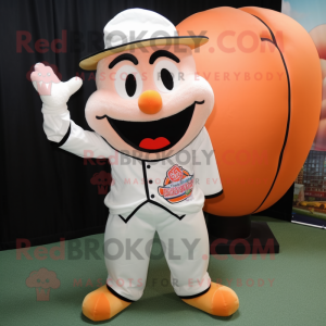 Peach ring master mascot costume character dressed with Baseball Tee and Clutch bags