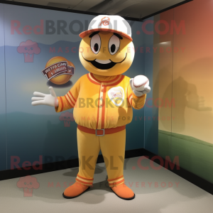 Peach ring master mascot costume character dressed with Baseball Tee and Clutch bags