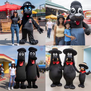 Black hot dogs mascot costume character dressed with Mom Jeans and Hats