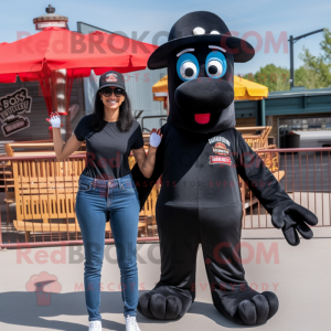 Black hot dogs mascot costume character dressed with Mom Jeans and Hats