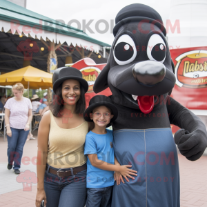 Black hot dogs mascot costume character dressed with Mom Jeans and Hats