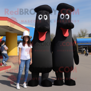 Black hot dogs mascot costume character dressed with Mom Jeans and Hats