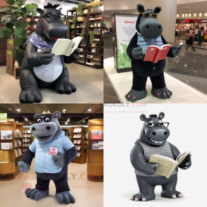Black Hippopotamus mascot costume character dressed with Bootcut Jeans and Reading glasses