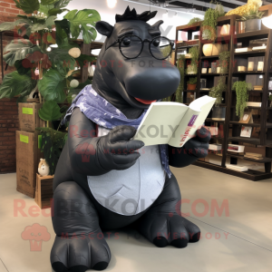 Black Hippopotamus mascot costume character dressed with Bootcut Jeans and Reading glasses