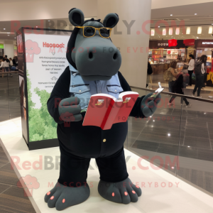 Black Hippopotamus mascot costume character dressed with Bootcut Jeans and Reading glasses