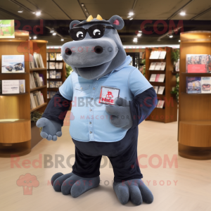 Black Hippopotamus mascot costume character dressed with Bootcut Jeans and Reading glasses