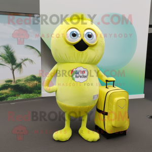 Lemon Yellow Kiwi mascot costume character dressed with Bodysuit and Messenger bags