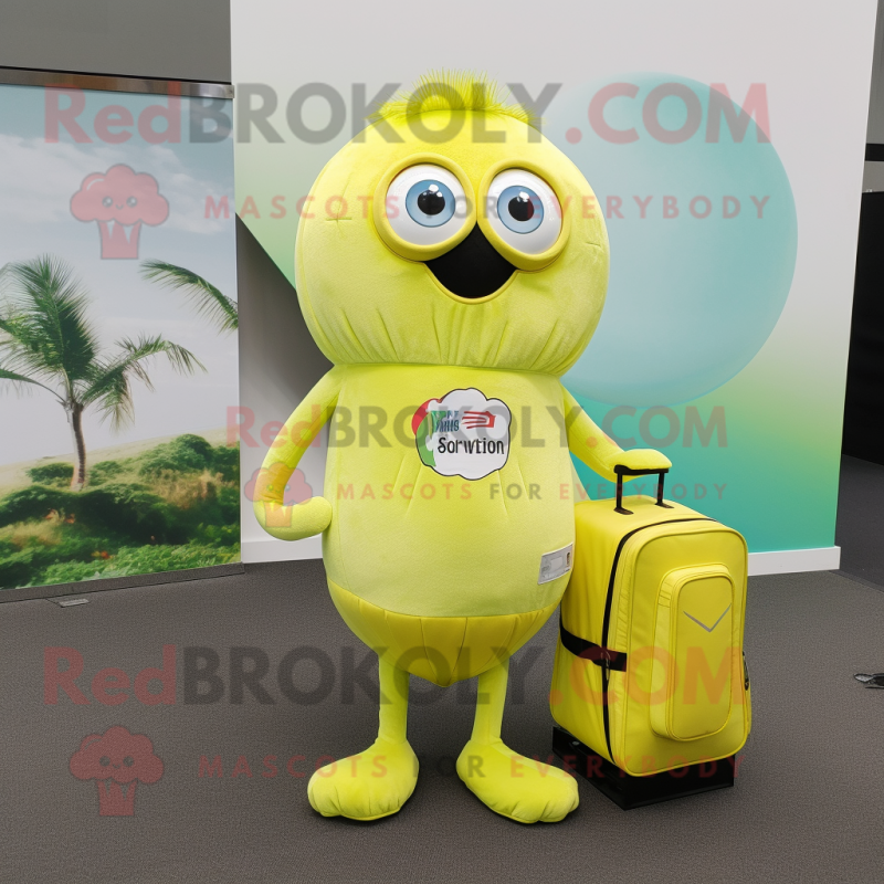 Lemon Yellow Kiwi mascot costume character dressed with Bodysuit and Messenger bags Lemon Yellow Kiwi mascot costume character dressed with Bodysuit and Messenger bags
