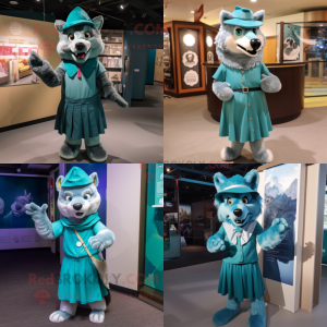 Teal Wolf mascot costume character dressed with Wrap Skirt and Berets