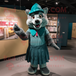 Teal Wolf mascot costume character dressed with Wrap Skirt and Berets