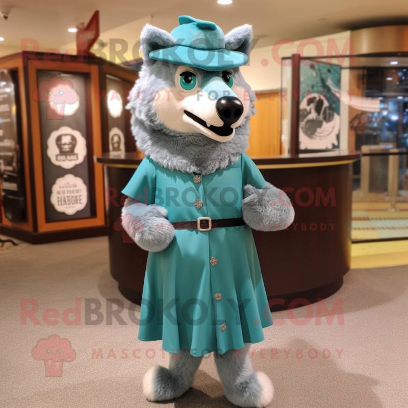 Teal Wolf mascot costume character dressed with Wrap Skirt and Berets