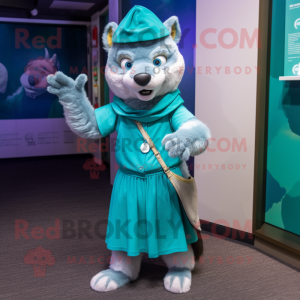 Teal Wolf mascot costume character dressed with Wrap Skirt and Berets