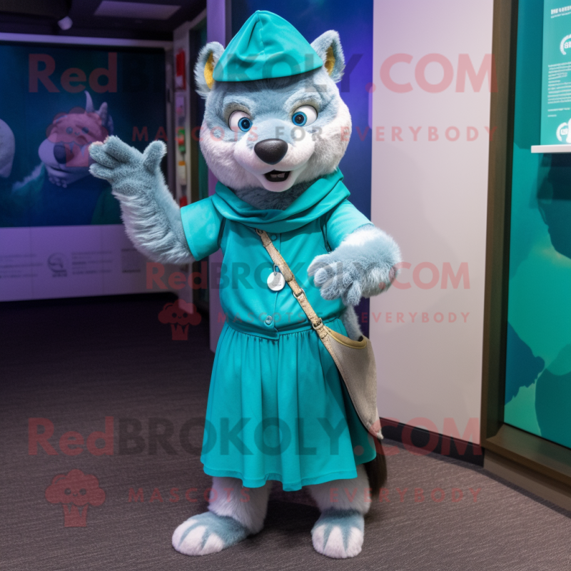 Teal Wolf mascot costume character dressed with Wrap Skirt and Berets