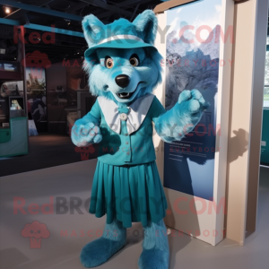 Teal Wolf mascot costume character dressed with Wrap Skirt and Berets