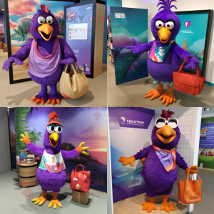 Purple Tandoori Chicken mascot costume character dressed with Swimwear and Tote bags