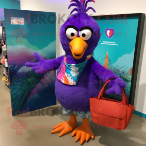 Purple Tandoori Chicken mascot costume character dressed with Swimwear and Tote bags