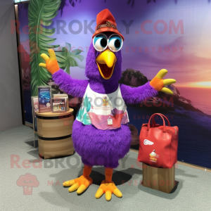 Purple Tandoori Chicken mascot costume character dressed with Swimwear and Tote bags