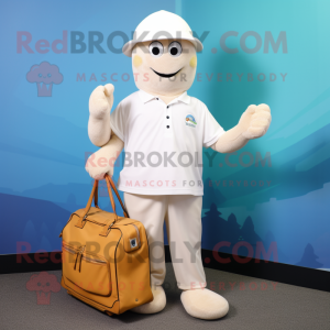 Cream Aglet mascot costume character dressed with Polo Shirt and Briefcases