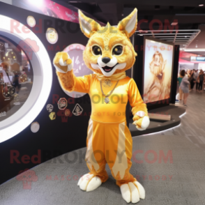 Gold Lynx mascot costume character dressed with Playsuit and Rings
