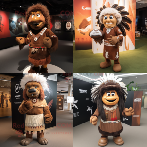 Brown Chief mascot costume character dressed with Rugby Shirt and Shawl pins