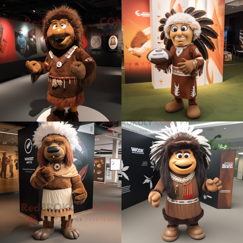 Brown Chief mascot costume character dressed with Rugby Shirt and Shawl pins