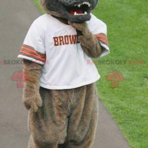 Mascote cachorro lobo marrom e cinza com uma aparência horrível