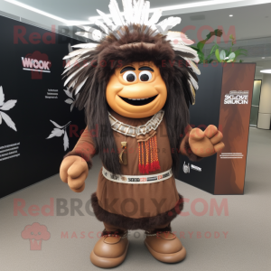 Brown Chief mascot costume character dressed with Rugby Shirt and Shawl pins