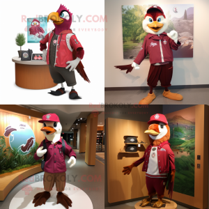 Maroon Woodpecker mascot costume character dressed with Windbreaker and Brooches