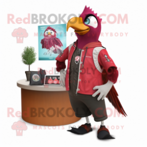 Maroon Woodpecker mascot costume character dressed with Windbreaker and Brooches