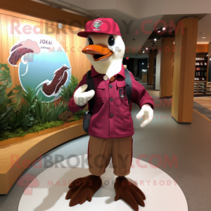 Maroon Woodpecker mascot costume character dressed with Windbreaker and Brooches