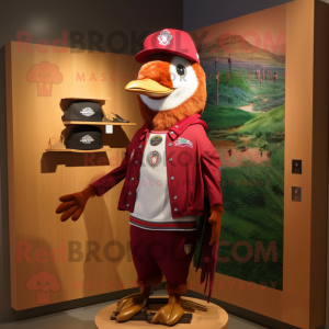 Maroon Woodpecker mascot costume character dressed with Windbreaker and Brooches