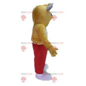 Mascote coelho amarelo e branco gigante e engraçado -