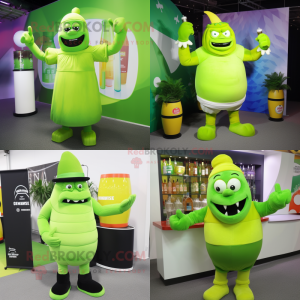 Lime Green Strongman mascot costume character dressed with Cocktail Dress and Beanies