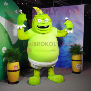 Lime Green Strongman mascot costume character dressed with Cocktail Dress and Beanies