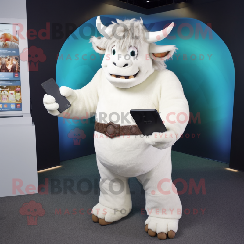 White Minotaur mascot costume character dressed with Jeggings and Wallets