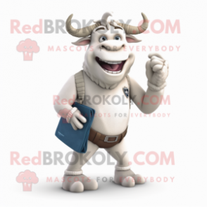 White Minotaur mascot costume character dressed with Jeggings and Wallets