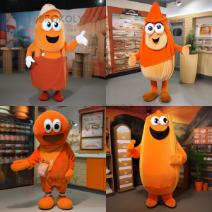 Orange Moussaka mascot costume character dressed with Overalls and Shawl pins