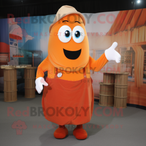 Orange Moussaka mascot costume character dressed with Overalls and Shawl pins