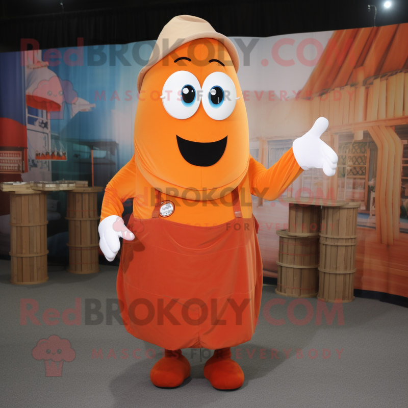 Orange Moussaka mascot costume character dressed with Overalls and Shawl pins Orange Moussaka mascot costume character dressed with Overalls and Shawl pins