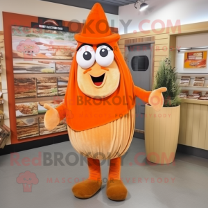 Orange Moussaka mascot costume character dressed with Overalls and Shawl pins
