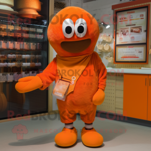 Orange Moussaka mascot costume character dressed with Overalls and Shawl pins