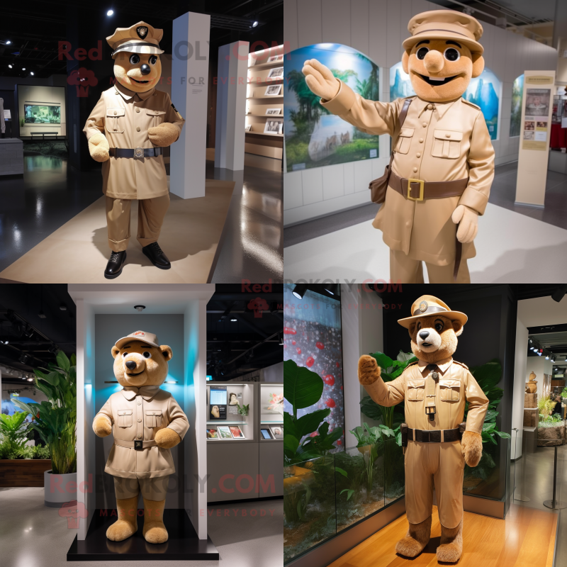 Tan police officer mascot costume character dressed with Raincoat and Suspenders Tan police officer mascot costume character dressed with Raincoat and Suspenders