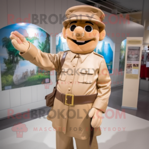 Tan police officer mascot costume character dressed with Raincoat and Suspenders