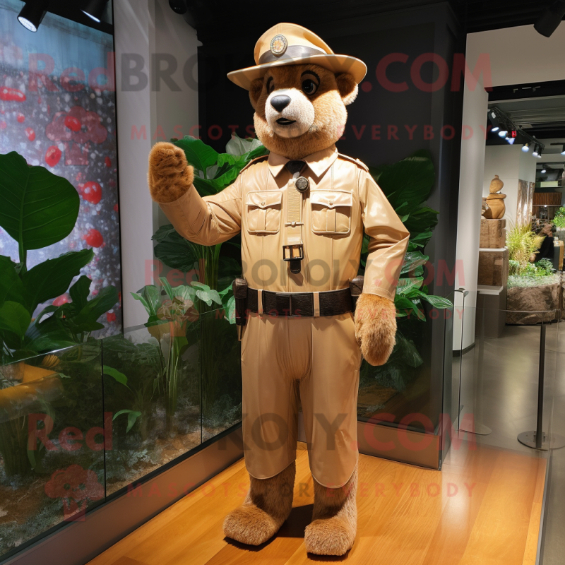 Tan police officer mascot costume character dressed with Raincoat and Suspenders Tan police officer mascot costume character dressed with Raincoat and Suspenders
