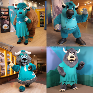 Teal Bison mascot costume character dressed with Sheath Dress and Shoe laces