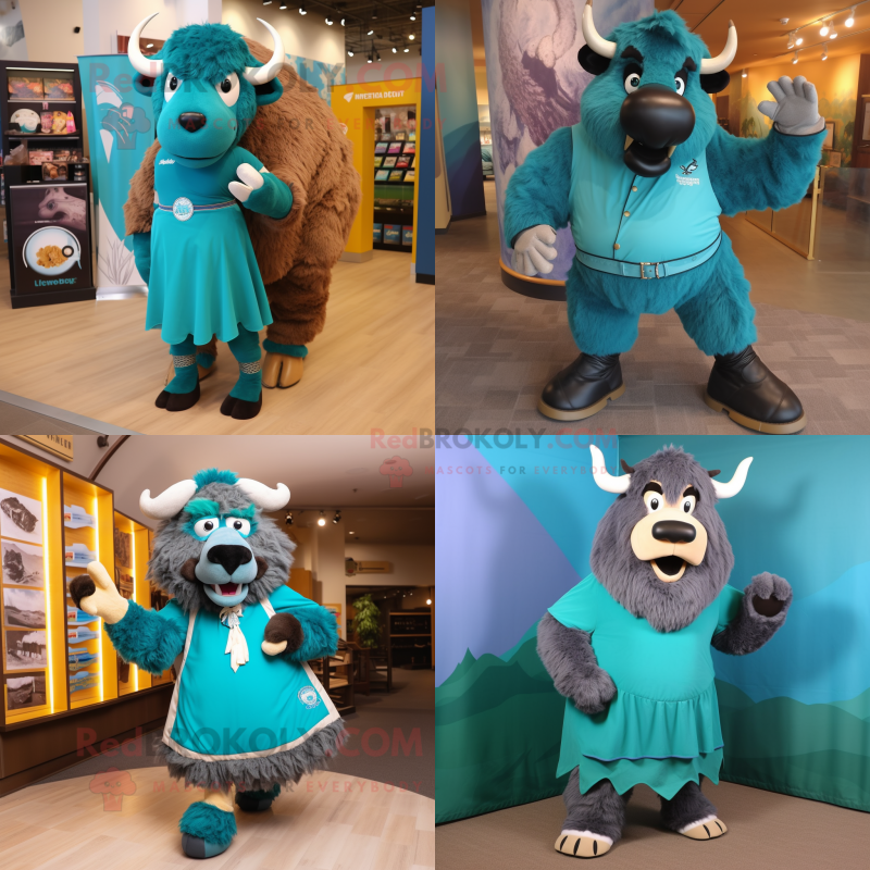 Teal Bison mascot costume character dressed with Sheath Dress and Shoe laces Teal Bison mascot costume character dressed with Sheath Dress and Shoe laces