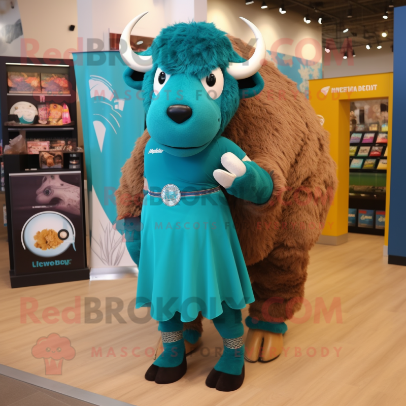 Teal Bison mascot costume character dressed with Sheath Dress and Shoe laces Teal Bison mascot costume character dressed with Sheath Dress and Shoe laces