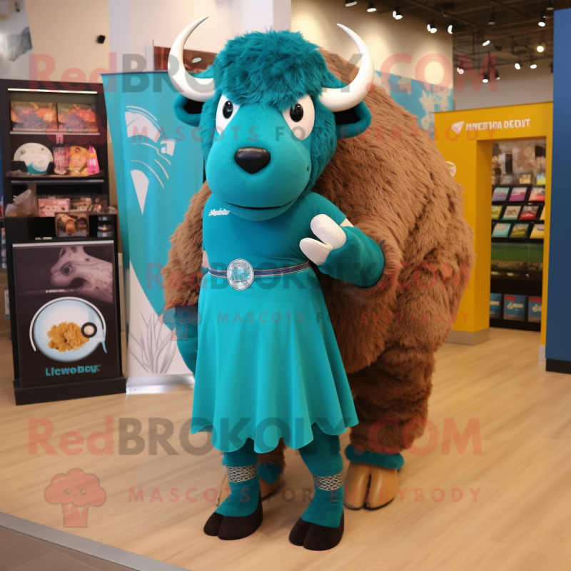 Teal Bison mascot costume character dressed with Sheath Dress and Shoe laces