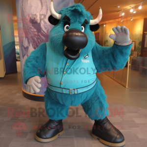Teal Bison mascot costume character dressed with Sheath Dress and Shoe laces