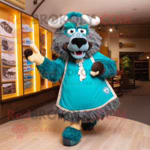 Teal Bison mascot costume character dressed with Sheath Dress and Shoe laces